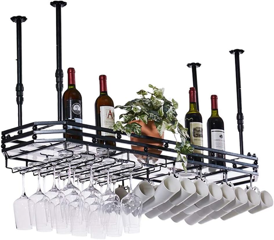 Hanging Wine Rack Wrought Iron Material Octagonal Fence Shape Upside Down Wine Glass Holder Home bar bar with Light Hanging Wine Rack Height Adjustable Black 80X35X13cm
