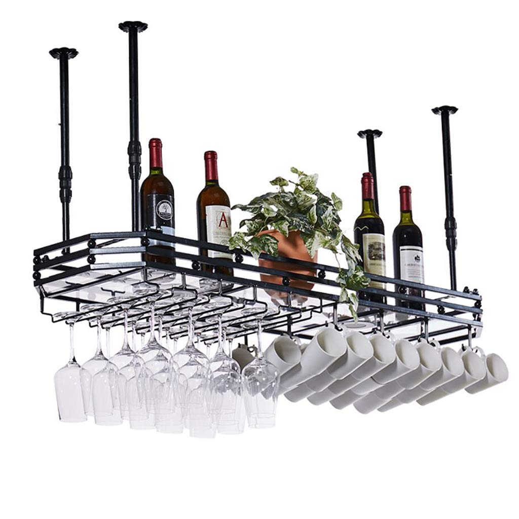 Hanging Wine Rack Wrought Iron Material Octagonal Fence Shape Upside Down Wine Glass Holder Home bar bar with Light Hanging Wine Rack Height Adjustable Black 80X35X13cm