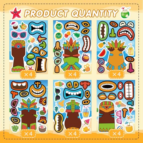 Image of Summer Stickers, Make a Tiki Face Sticker, Tropical Hawaiian Stickers | 24 Sheets Make Your Own Tiki Sticker for Kids Summer Luau Party Favors Decoration