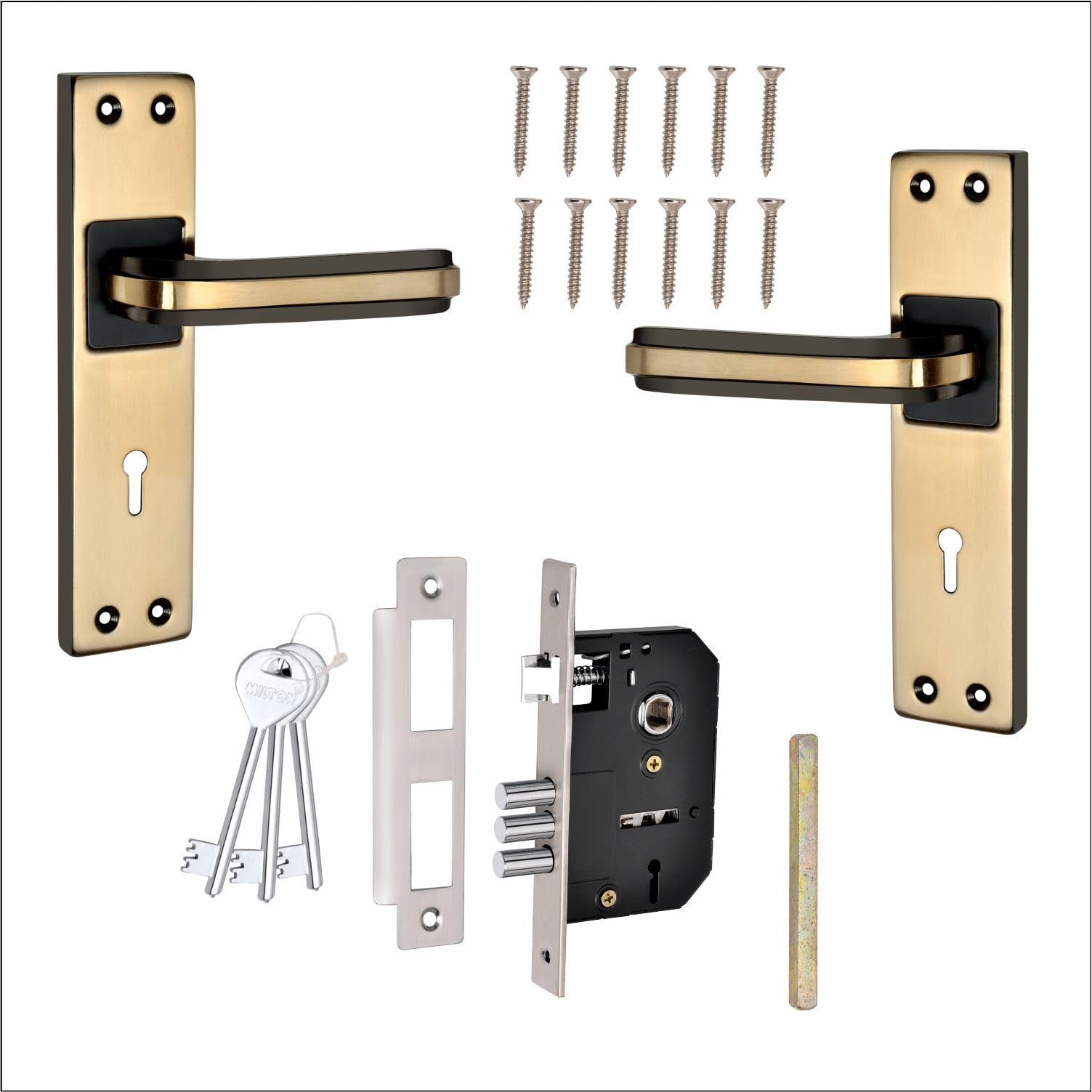 Milton Iron MHI-Liner Black.Gold 7 Inch Iron Mortise Lock Set with Lock Handle,Finish, Black Gold 175 mm x 40 mm Plate, 100mm Handle Length, Includes Keys and Screws — Amazon image 4