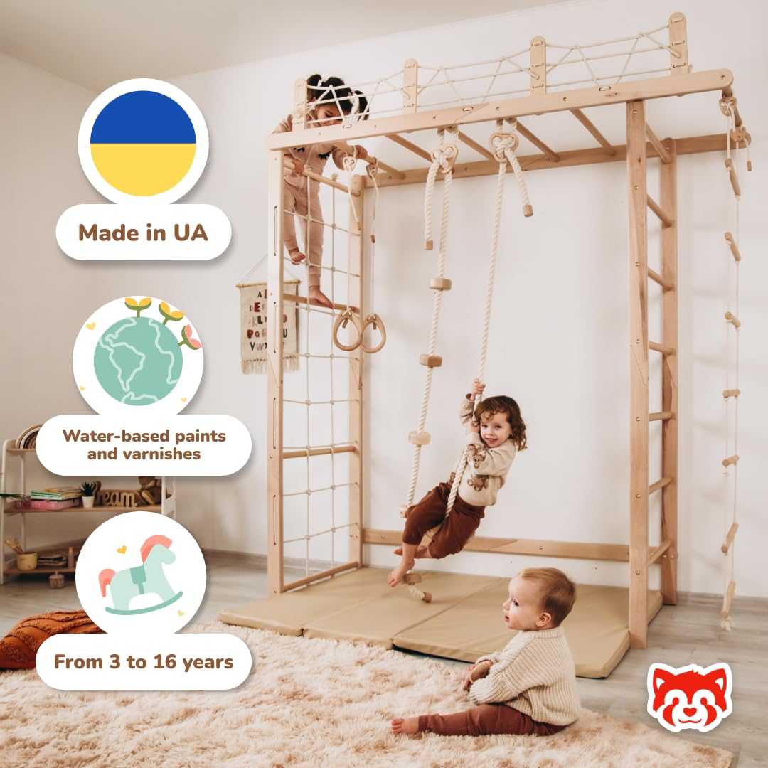 Wood And Hearts Riesige Brücke Schwedische Leiter, sprossenwand, kletterwand kinderzimmer, turnringe, sprossenwand kinderzimmer, Indoor Spielplatz, kletterwand (Natürliche Holzfarbe)
