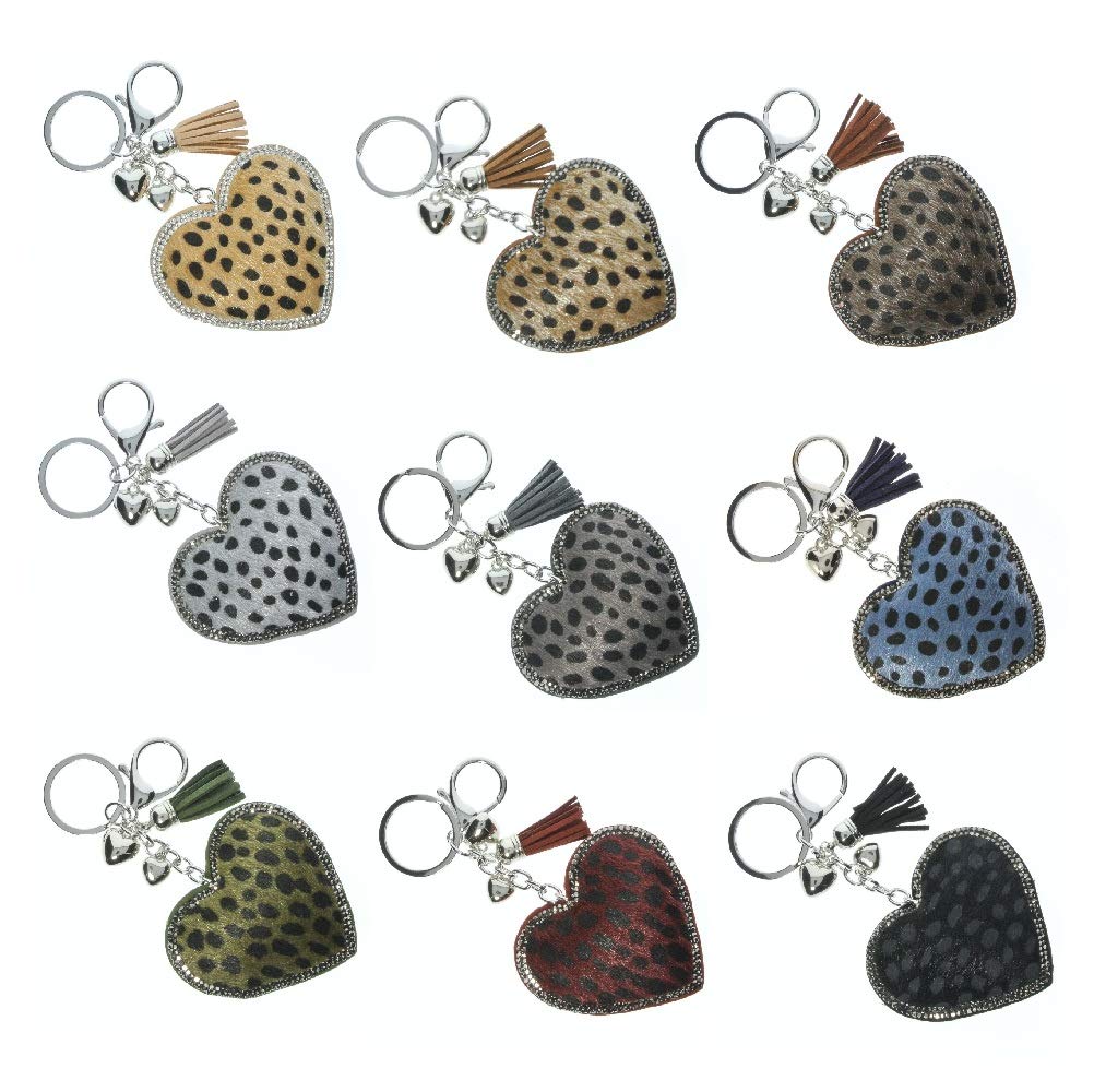 J & J LONDONLeopard Print Fur Heart Keyring/Diamante Bag Charm With Tassel Bling Glitter Key Buckle Gifts for Women Girl