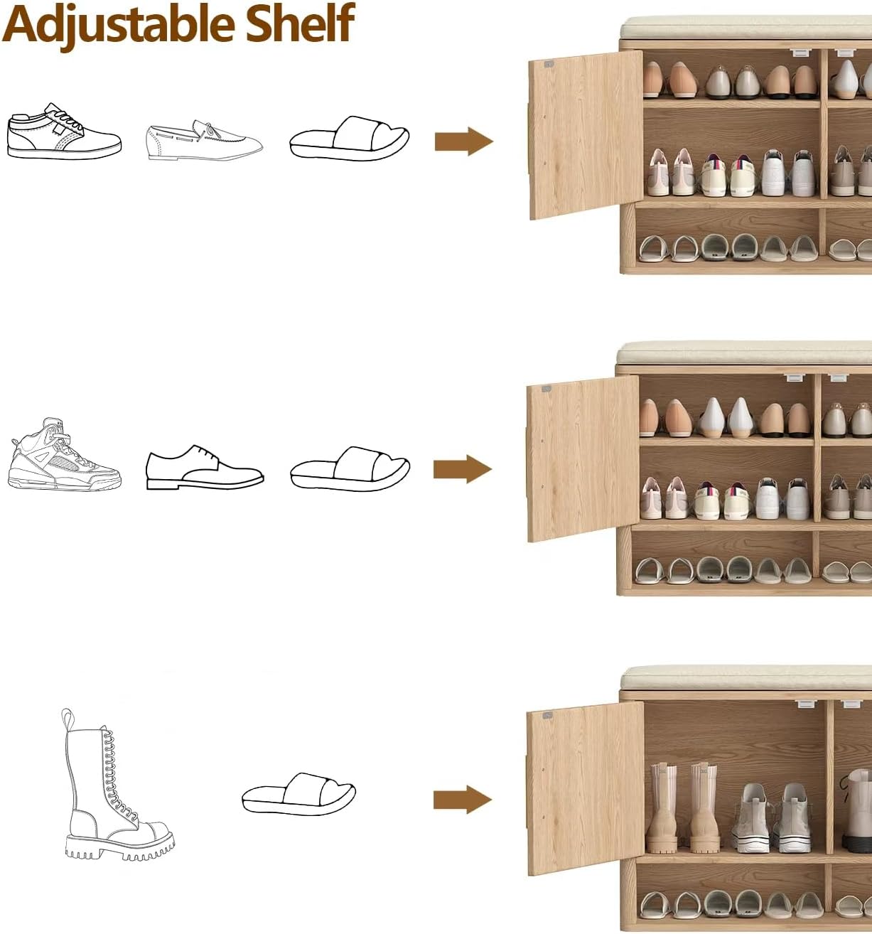 Fluted Shoe Storage Bench with Cushion, 3-Tier Entryway Bench with Adjustable Shelves and Open Bottom Shelf, Hidden Shoe Organizer Cabinet, for Hallway, Living Room, Bedroom, Natural Oak