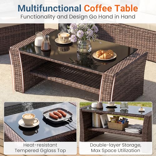 Image of Wisteria Lane Patio Furniture Set, Wicker Outside Outdoor Furniture for All Weather, Patio Sofa with High Backrest Support and Wide Armrest for Backyard, Balcony, Deck, Porch, Brown