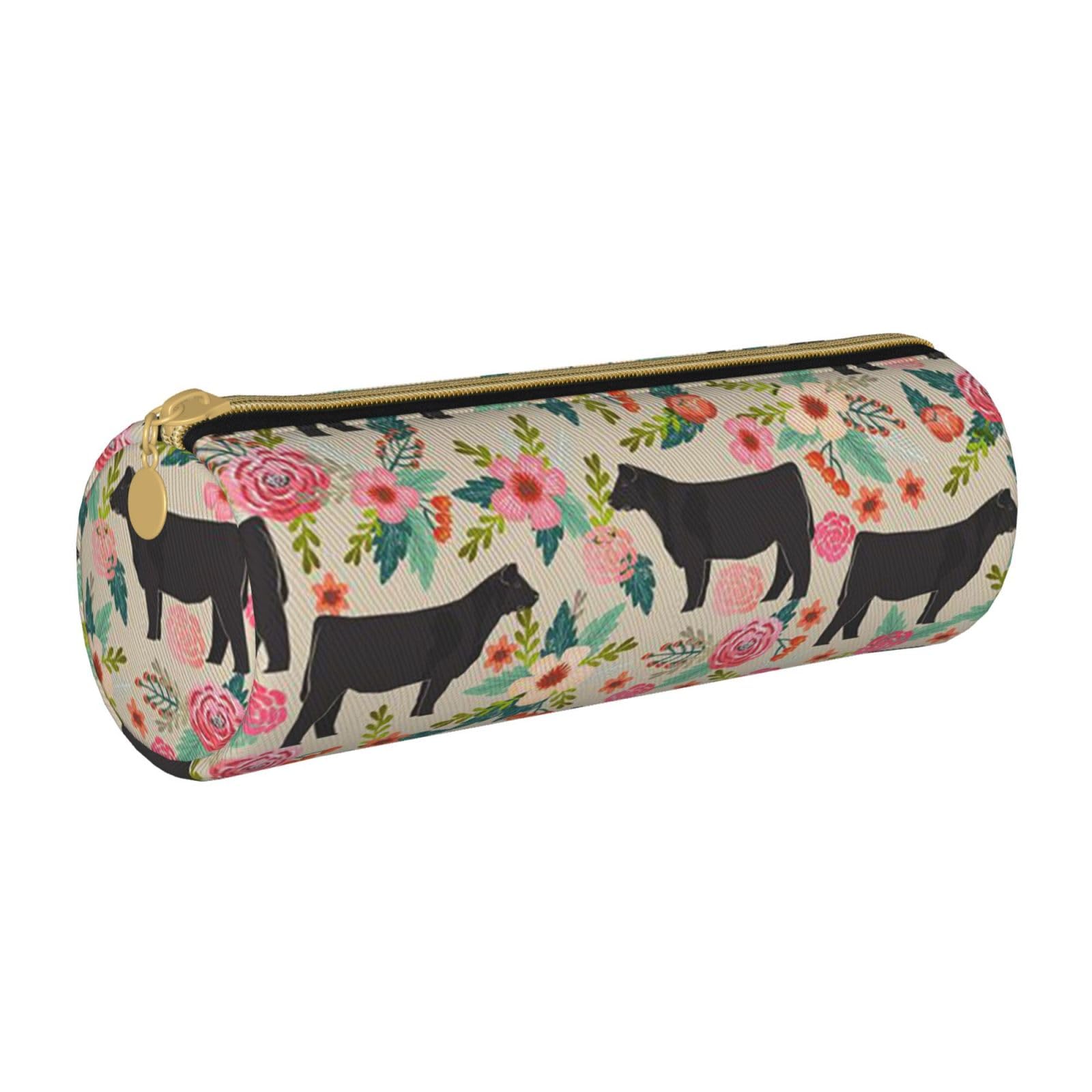 AABSTBFM Pink Flower Show Steer Cows Cattle Printed Round Pencil Case Cute Leather Zipper Pen Pencil Pouch Bag for School, Office, and Travel