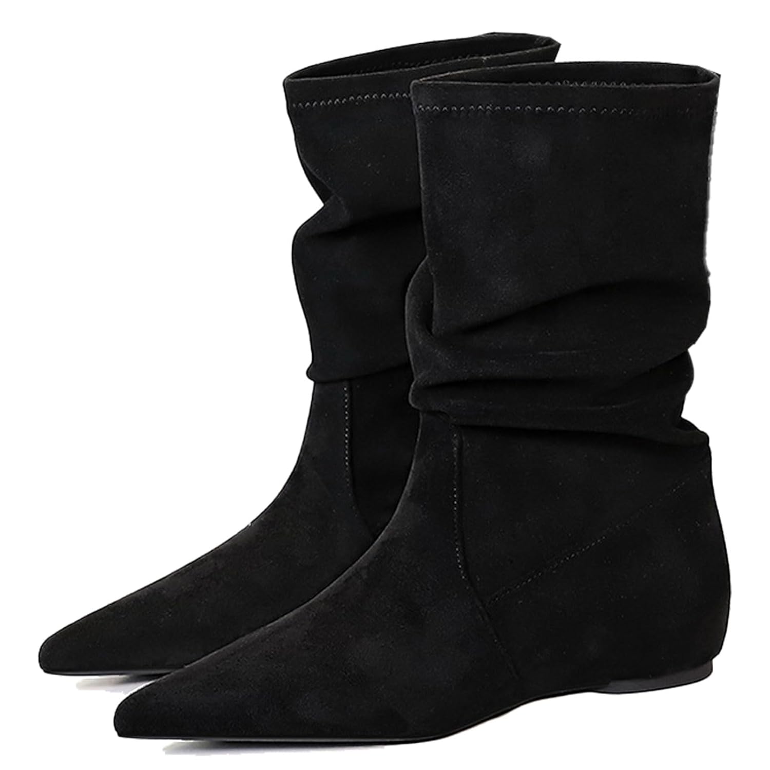 Womens Wide Calf Flat Pleated Suede Ankle Boots Sexy Pointed Toe Increase Heighten Non Slip Pull-On Fall Winter