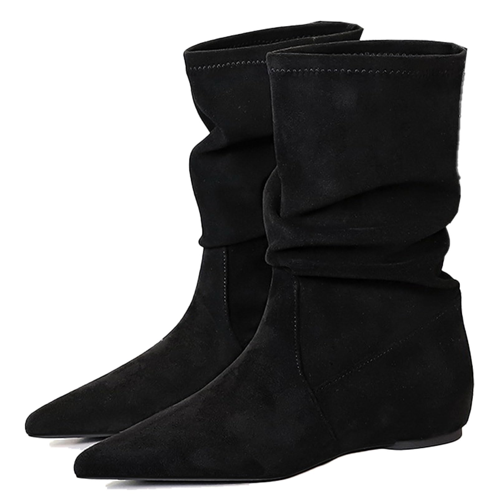 Womens Wide Calf Flat Pleated Suede Ankle Boots Sexy Pointed Toe Increase Heighten Non Slip Pull-On Fall Winter