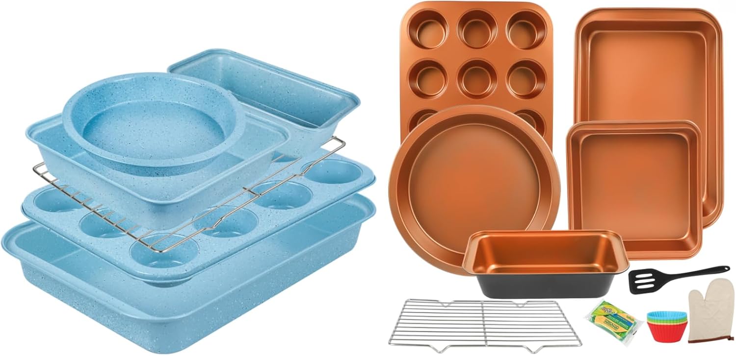 6-Pieces Baking Pans Set Nonstick, Bakeware Sets Stackable, Carbon Steel Oven Baking Set Easy to Use, Unique Blue and Gold