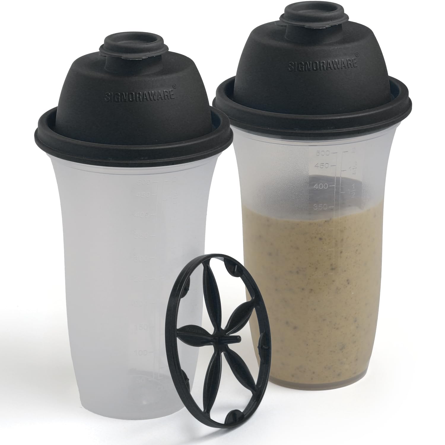 SIGNORA WARE Shaker Bottles | 17-Ounce Plastic Protein Shake Bottle for Meal Replacement Shakes & Smoothies, Beverages, Mixing Salad Dressing & Sauces, Margarita, More | 2 Pack