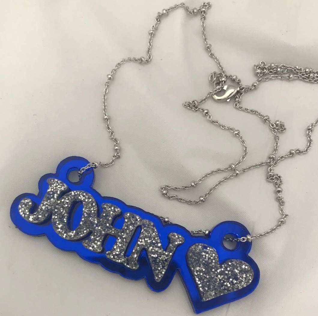 MIRROR MANIA Personalized Name Plate Custom Name Necklace Nameplate Name Laser Cut, Diamond Look, Silver and Choice Color Background, Made To Order Any Name - Dazzling and Stunning!