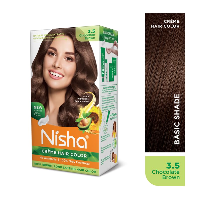 Image of Nisha Creme Hair Color Chocolate Brown, Permanent Hair Colour for Women Men, No Ammonia, Ultra Soft Deep Shine, 100% Grey Coverage, 3.5 Chocolate Brown Hair Colour 120gm Pack of 2