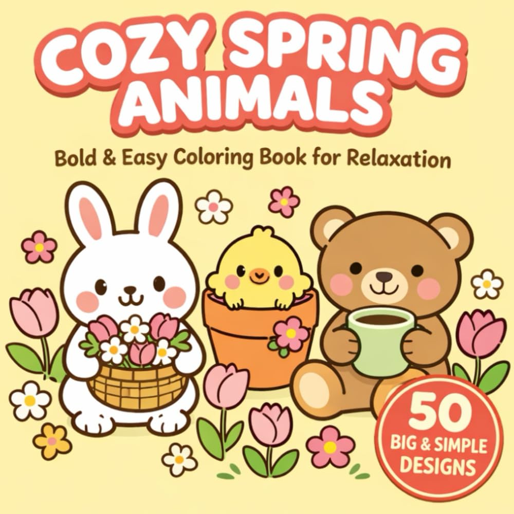 Cozy Spring Animals: Bold & Easy Coloring Book for Relaxation: Simple and Big Designs Featuring Cute Forest Animals, Easter Vibes, Flowers and Cozy Spring Scenes
