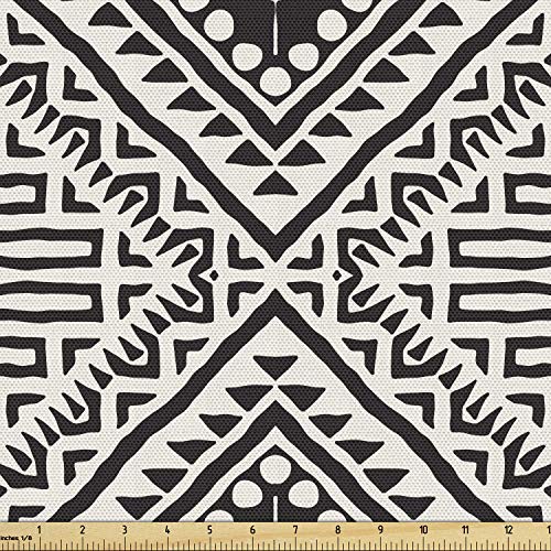 Lunarable Black and White Fabric by The Yard, Pattern with Doodle Elements Geometric Art Print, Decorative Fabric for Upholstery and Home Accents, 2 Yards, Black Ecru