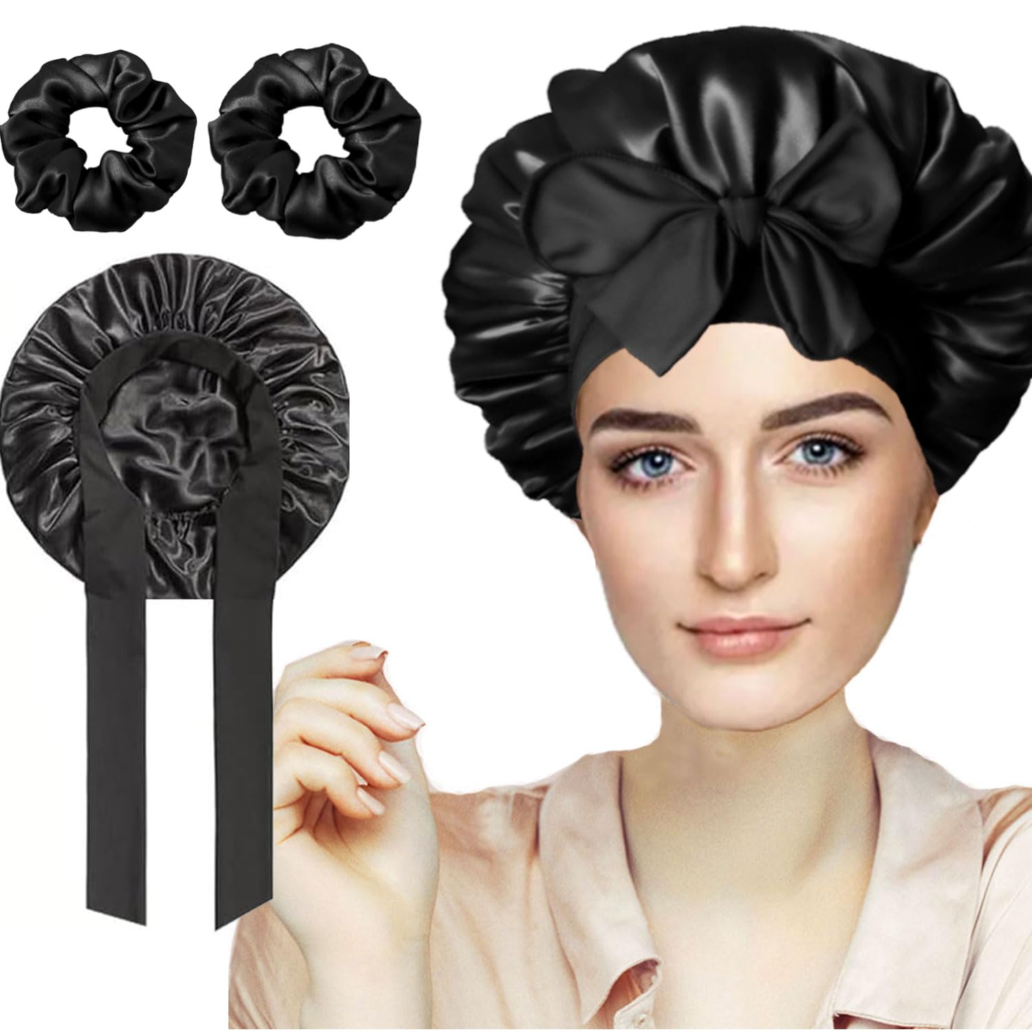 FZHGVML Silk Hair Bonnet for Sleeping with Tie Double-Sided Satin Silk Bonnet for Women & Girls Curly Hair Care