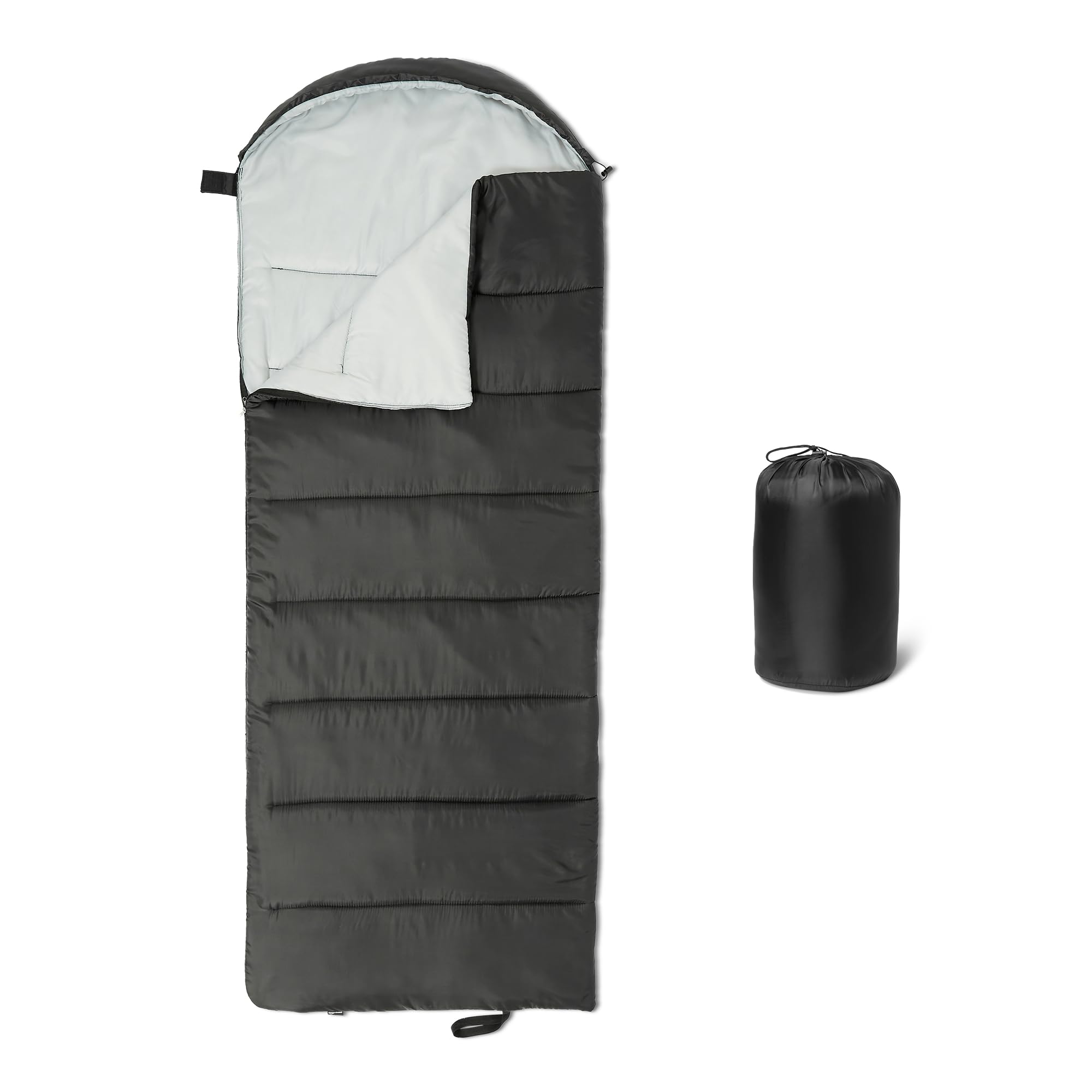 Amazon Basics sleeping bags for adults, camping essentials, 50 degree F / 10 degree C rated, Black/Gray, 84 x 31.5"