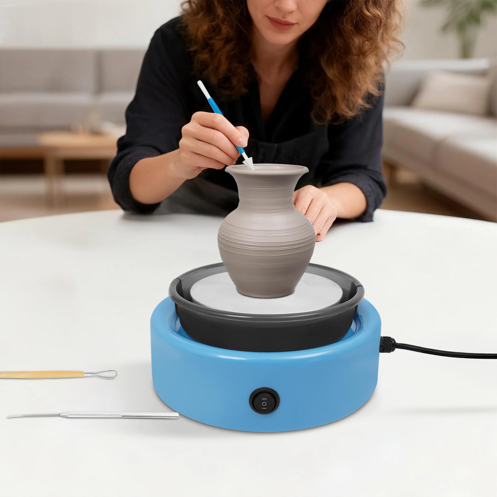 Mini-Töpferscheibe für Kinder und Erwachsene, anfängerfreundlich, Tisch-Töpferscheibe mit Fußpedal, 0–140 U/min, Geschwindigkeitseinstellung für Zuhause, Heimwerker, Töpfereiprojekte (blau)