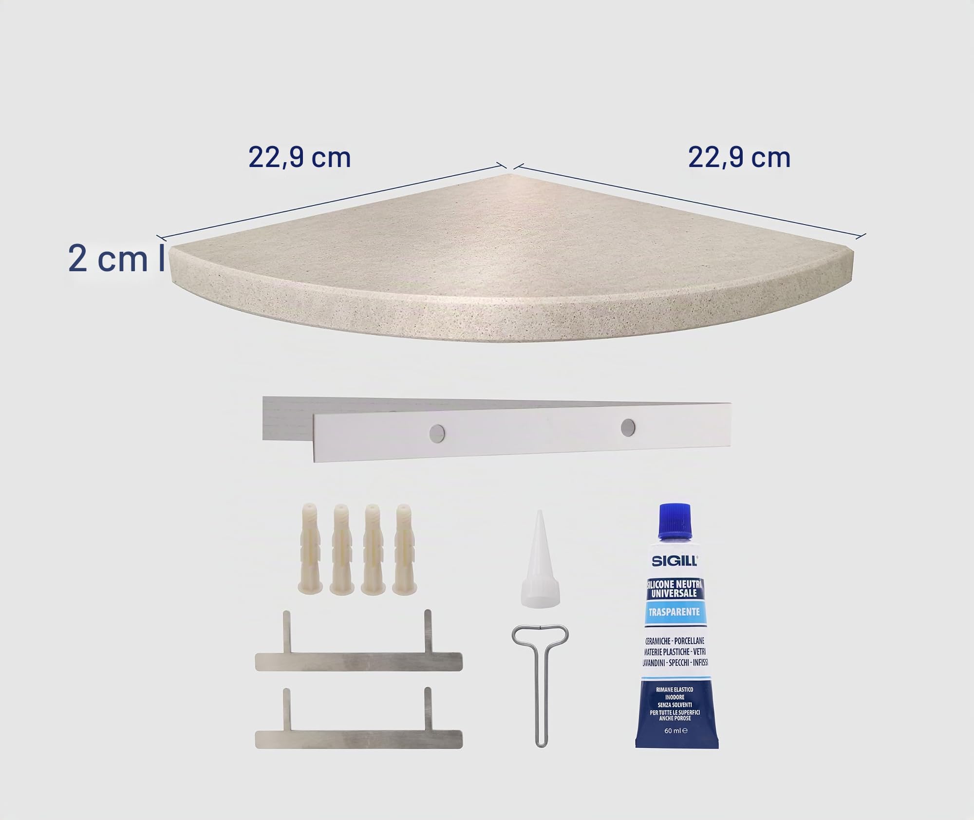 ALEDA STONE Mensola Angolare Da Muro in Marmo, Mensole Ad Angolo, Modello Easy con Kit di Montaggio, 1 pezzo, Incasso a Scomparsa,22.9x22.9x2cm, Lucida (Silk Beige)