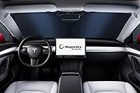 Vista 2 de Magnelex Parasol para parabrisas Tesla para el modelo 3 y el modelo Y 2017-2026, parasol reflectante de material 240T con recorte de espejo