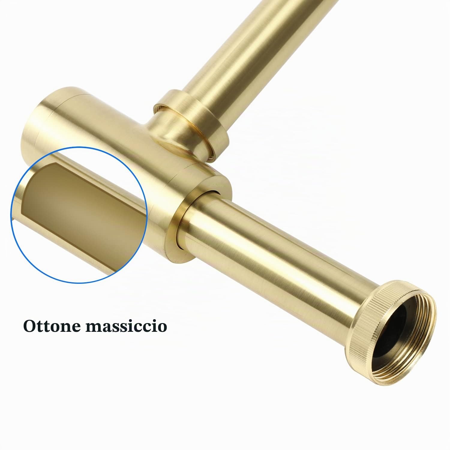Sifone di design [Tubo di immersione extra lungo da 200 mm], 1 1/4 x 32 mm Spessore regolabile dei tubi, Sifone universale in ottone per lavabo e lavandino, blocco odori (Oro spazzolato)