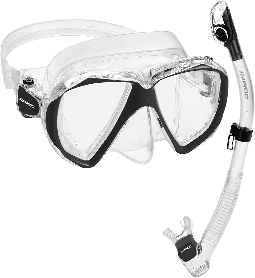 Phantom Aquatics Rapido Boutique Collection Duo Comfort Combo Scuba Mask and Snorkel | Snorkeling Gear for Adults Includes Adult Diving Mask and Dry Snorkel for Adults (Opaque Black)