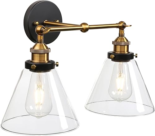Miniatura 8 de PERMO Apliques de pared industriales de 2 luces con doble embudo de pantalla de vidrio transparente, aplique de pared antiguo para espejo, pasillo,