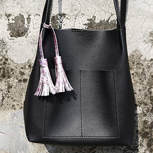 ZOONAI Women Leather Tassel Bag Tag Handbag Wallet Purse Decorations (Pink Floral)
