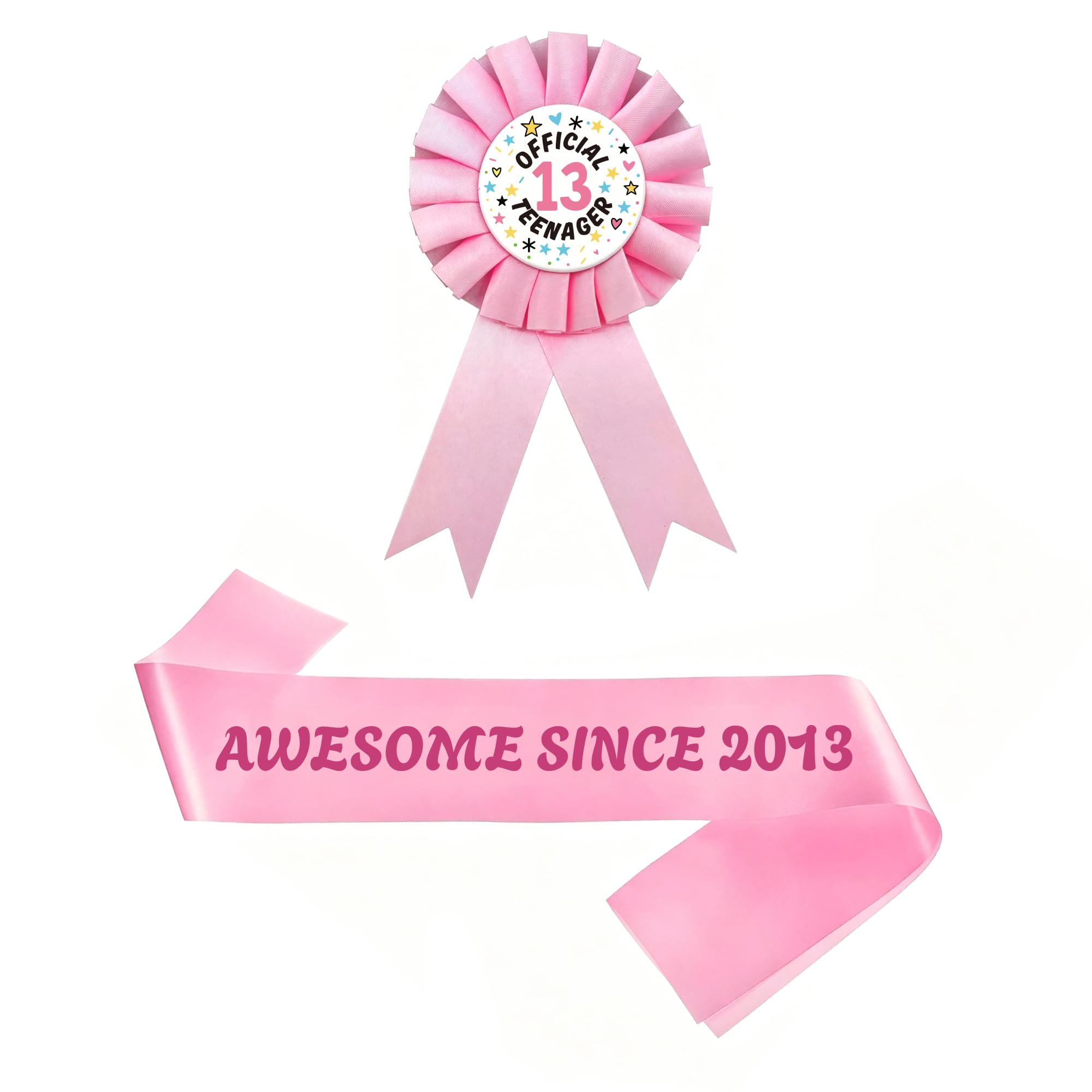 13th Birthday Sash Badge Kit - 2 Pcs Pink Awesome Since 2013 Birthday Sash Official 13 Teenager Award Ribbon Badge for Girls Happy 13 Year Old Birthday Decorations Supplies and Teenager Party Gifts