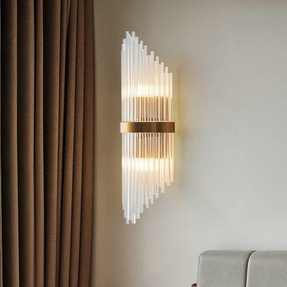 Homary Striaged 2-Light Gold Wall Sconce - Modern Glass & Metal Vanity Light for Bathroom, Living Room & Hallway