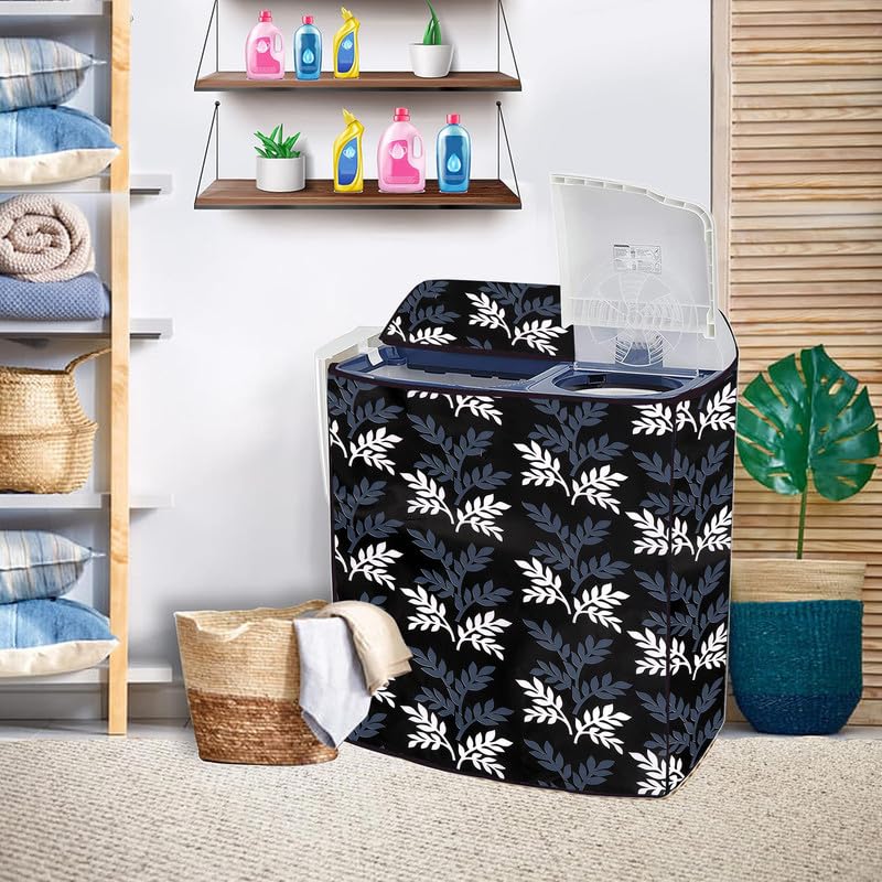 Image of PVC Printed Semi Automatic Washing Machine Cover Compatible For Samsung, Lg, Whirlpool 6Kg, 6.2Kg, 6.5Kg, 7Kg, 7.2Kg, 7.5Kg, 8kg, 8.5kg | Waterproof & Dustproof Cover, Black leaf.