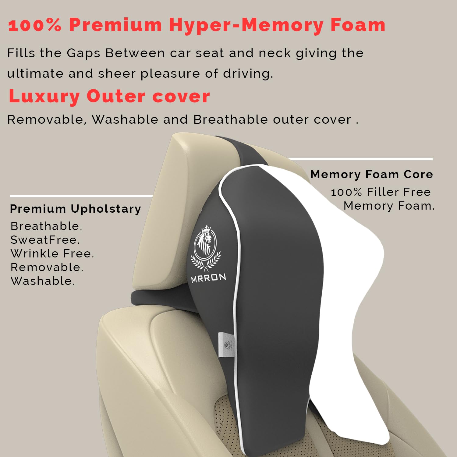 MRRON PROTECH Memory Foam Headrest Neck Rest Cushion - Ergonomic Car Neck Pillow Cervical Support for Neck Pain Relief in Office, Driving (Grey, 1) 3