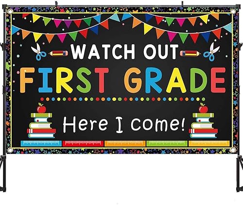 Miniatura 5 de Cartel de bienvenida al primer grado de 5.9 x 3.6 pies para el regreso a la escuela, telón de fondo de 1er grado "Here I Come First Day of School",