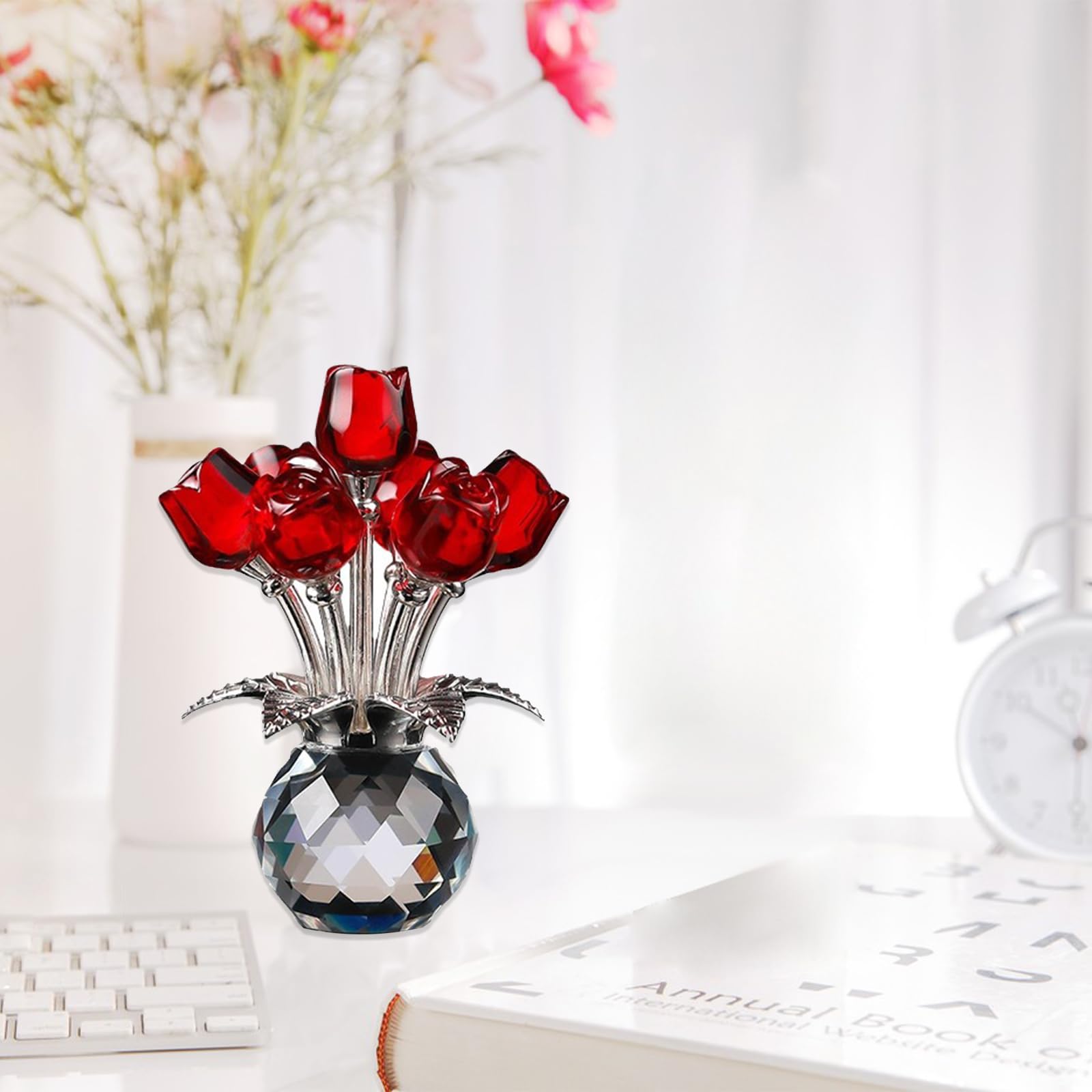 Tanant Statuetta di Bouquet di Rose di Cristallo Rosso con Vaso, Regali di Fiori di Rosa per Mamme e Donne, Fiori di Vetro per San Valentino, Anniversario di Natale, Ornamento da