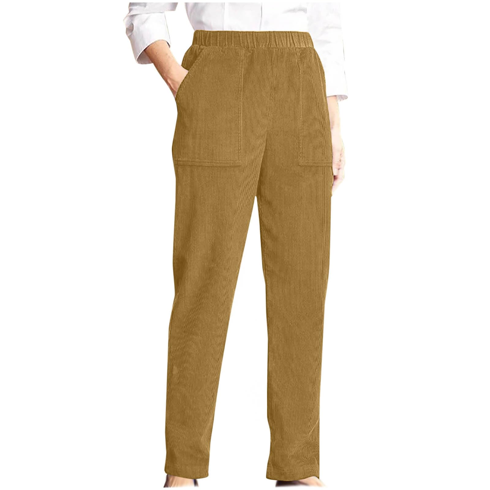 Women Corduroy Pants Trendy Straight Leg Work Pants Casual Cozy Elastic Waist Joggers for Office Business with Pocket