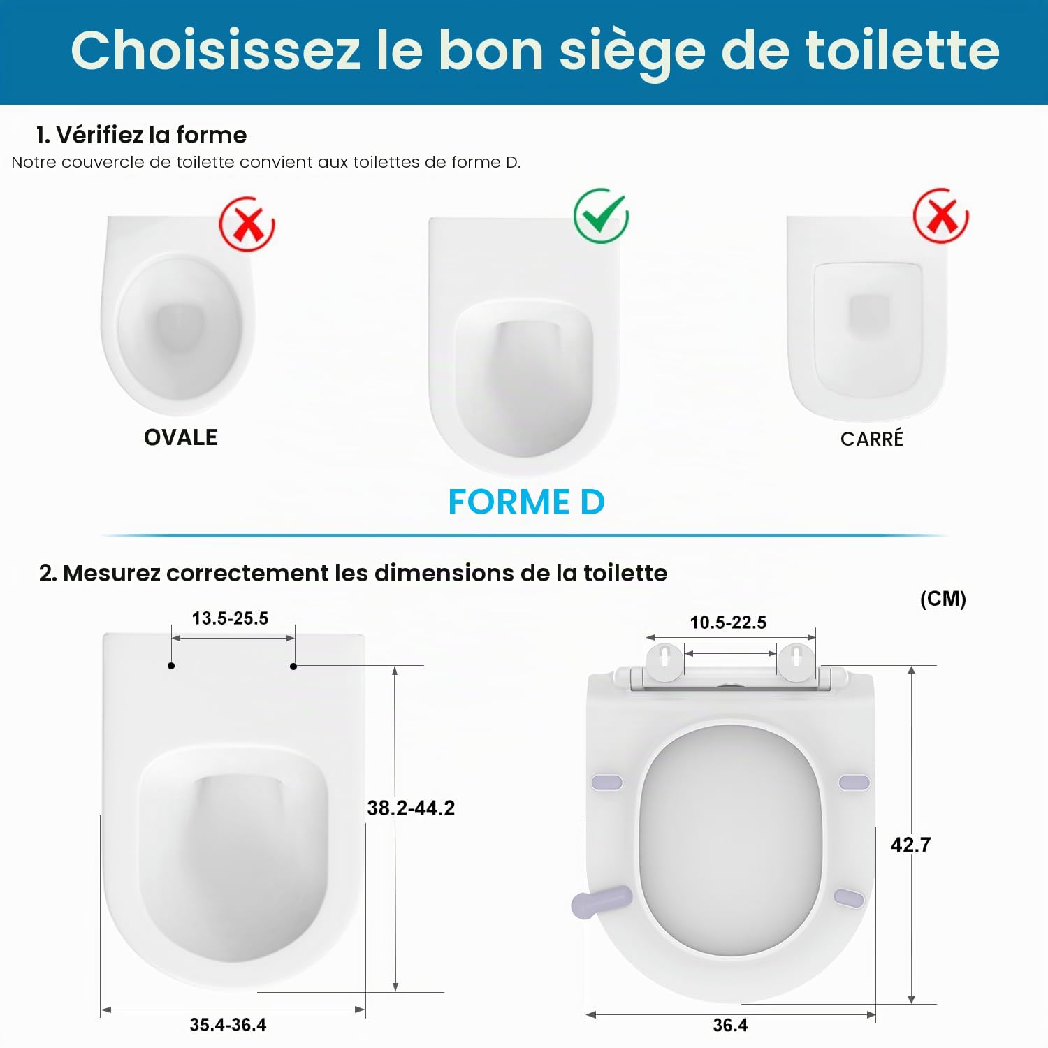 Abattant WC Ultra-mince Forme D[COURT], Lunette de Toilette avec Frein de Chute, Siège de toilette en Urée-formaldéhyde avec fonction détachable, 42,5 * 36,2 cm
