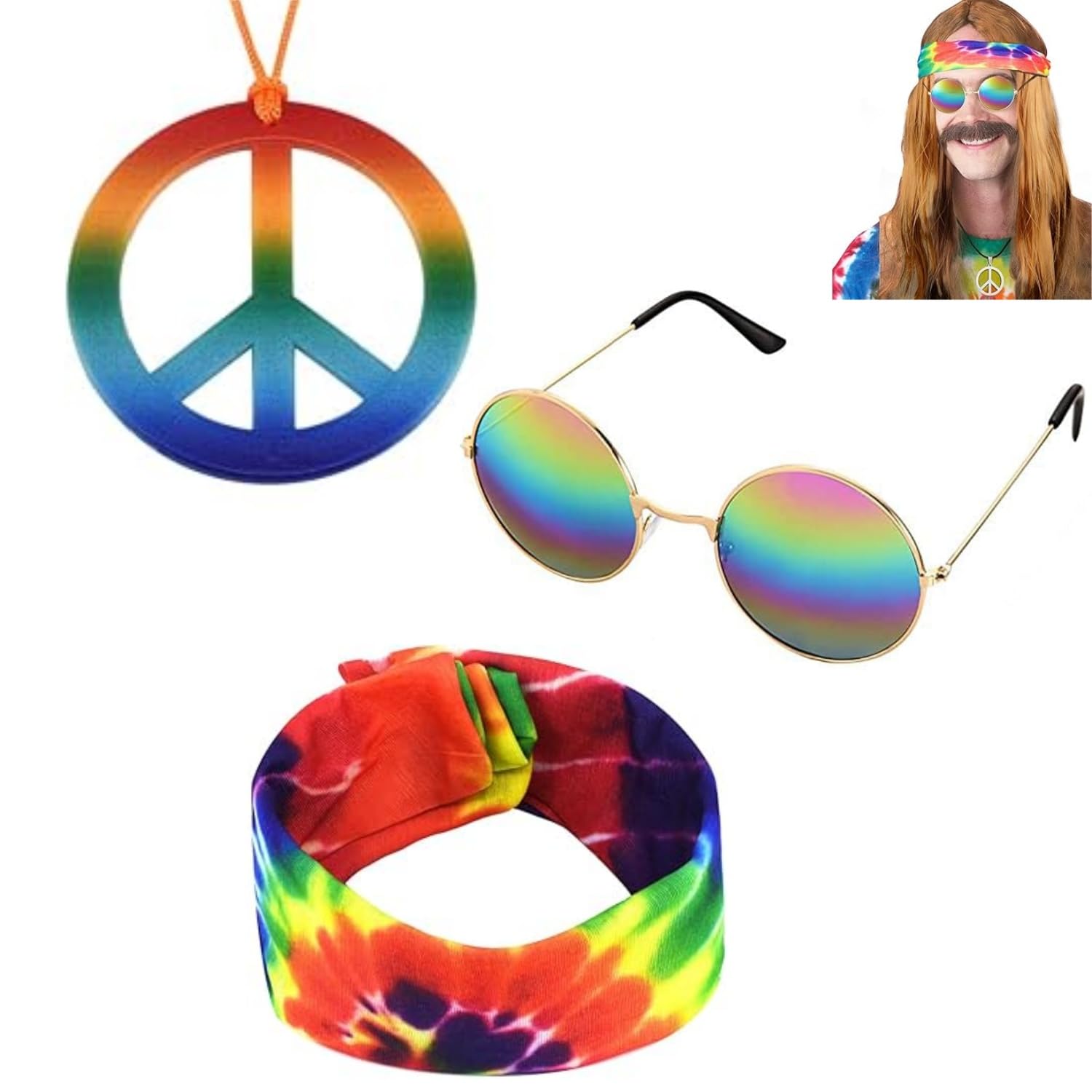 Disfraz hippie para hombre y mujer,3 piezas Conjunto Disfraz Hippie Años 60 y 70,disfraceshippie,Accesorios de Vestir Retro,diadema gafas de sol caracteres de paz,Para Fiesta Carnaval