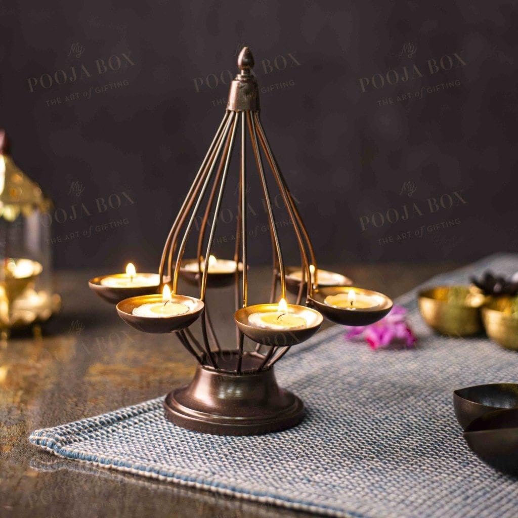 mypoojabox Iron Luminous Decor Diya Stand (Antiqui Gold, 8 inch)