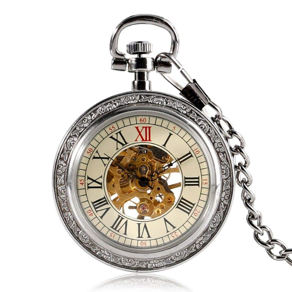 Steampunk Silber Skelett mechanische Taschenuhr Kette Offenes Gesichtsdesign Hand Wind Frauen Männer Uhren Uhr