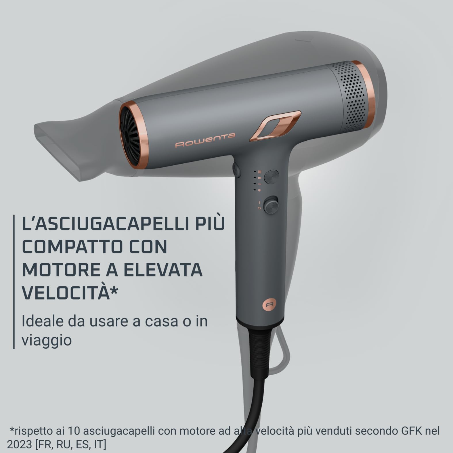 Rowenta Nano Asciugacapelli Compatto ad Alta Velocità 1700 W, Boost di Ioni Antistatici e Sensore di Temperatura per Capelli Setosi e Luminosi, Leggero, 3 Impostazioni di Velocità/Temperatura, HY8120