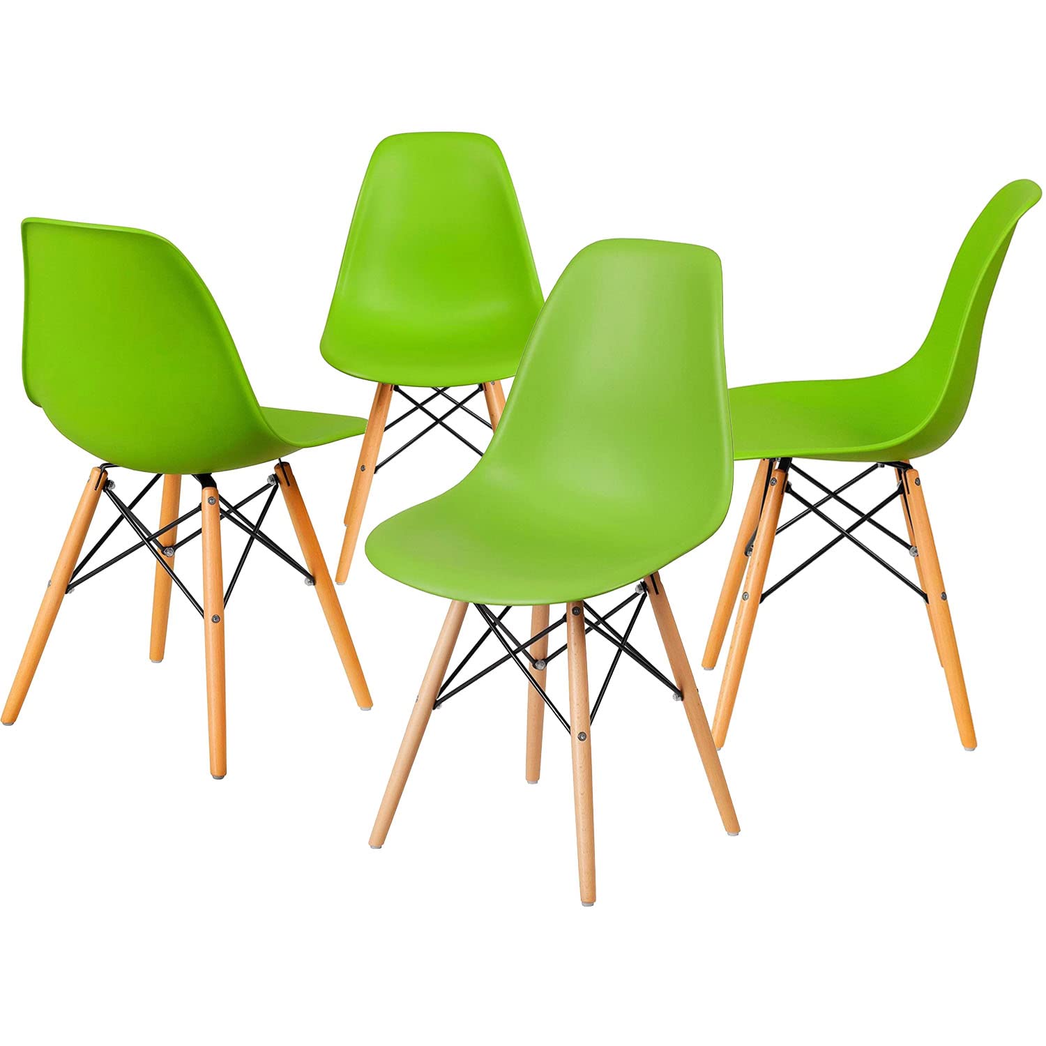Modern Dining Chairs, Armless Side Chair, Casual Shell Chair, Eames Style Chair, Plastic Chair with Wooden Legs, for Home Office Hotel Bistro Cafe Restaurant, Set of 4 (Green)