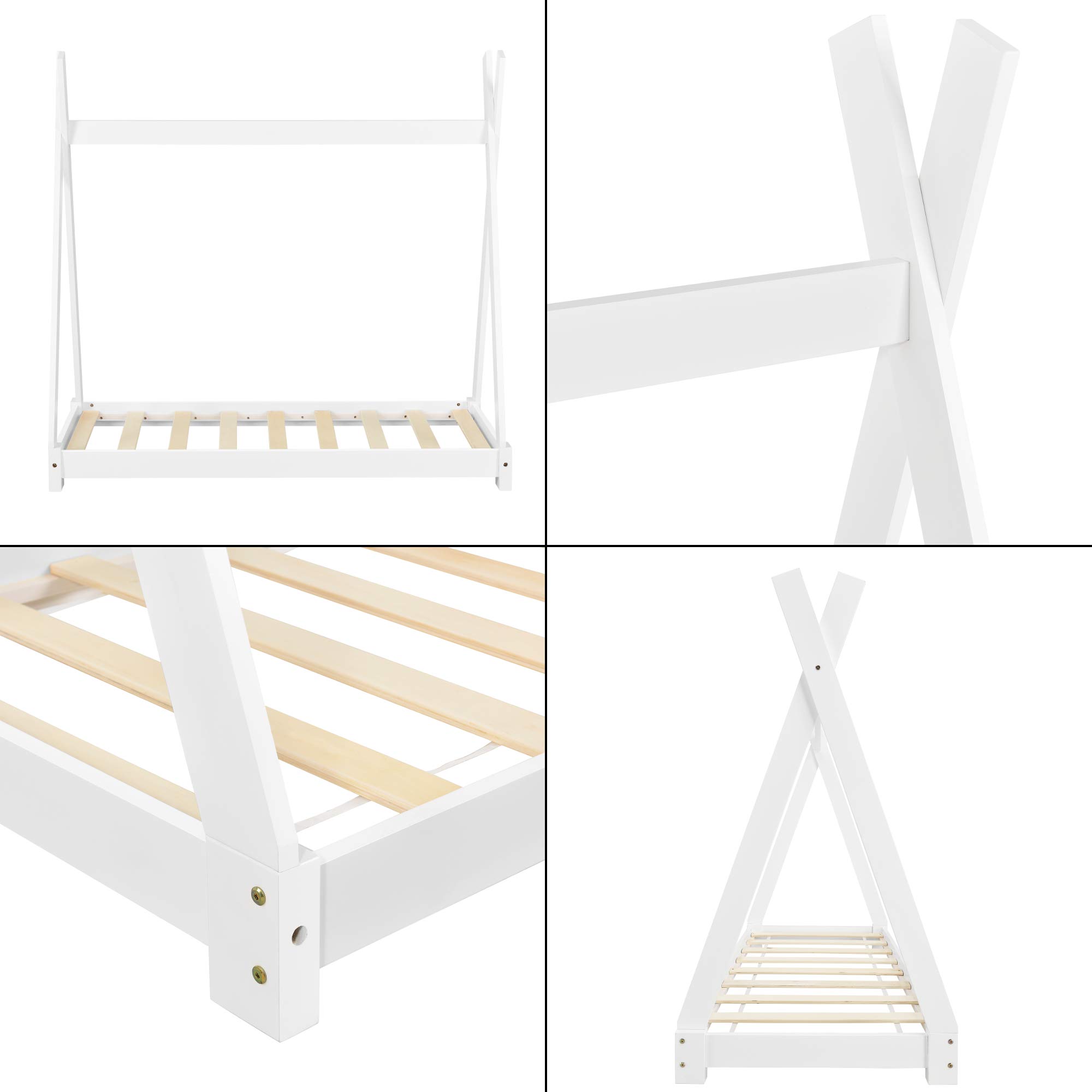 [en.casa] Kinderbett Onejda in Tipi-Design Bodenbett Jugendbett aus Kiefernholz Weiß 70 x 140 cm
