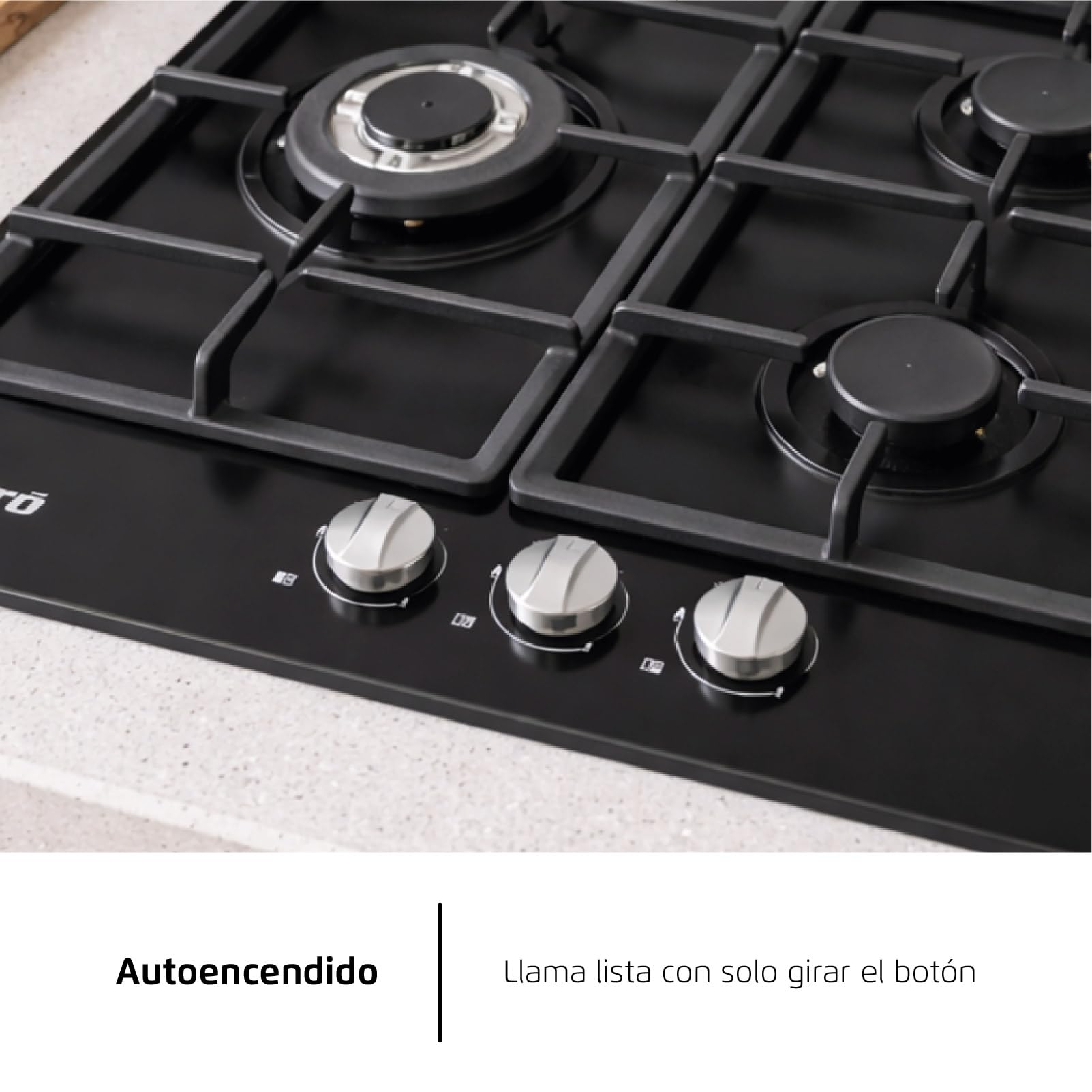 Corberó - Plaque gaz butane 60 cm| CPCGM3F3126N | Puissance 6,05 kW | 3 zones | Zone Wok | Auto-allumage | Couche de protection Clean+ | Arrêt automatique | Verre noir
