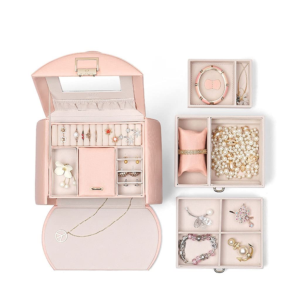 Caja de joyería Unique Medio Mes Modelo Joyería Caja de Almacenamiento Multi-Capa Capacidad de Gran Capacidad Organizador de Cuero Caja Exquisita Portátil (Color : Pink)