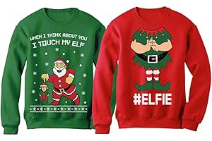 Tstars I Touch My Elf Elfie Ugly Christmas Sweater Sweatshirt Funny Matching Couple Set (Green)