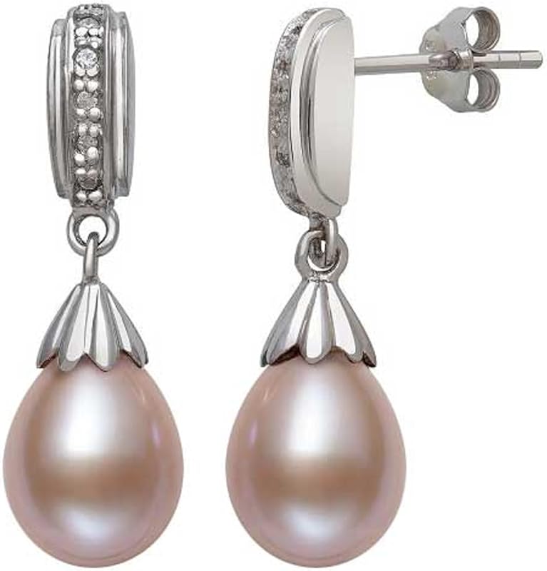 Belacqua Black or Pink Cultured Freshwater Pearl Dangle Earring | Lab Created White Sapphire in Sterling Silver, Push Back, Real Pearl Jewelry for Women, Gift Box Included