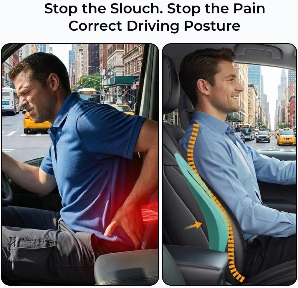 Lumbar Support Pillow for Car: Keeps Back Aligned on Long Drives | Anti-Collapse Support for Lower Back 8+ Hours Without Slouching - Back Pain Relief for Truckers/Long Drivers
