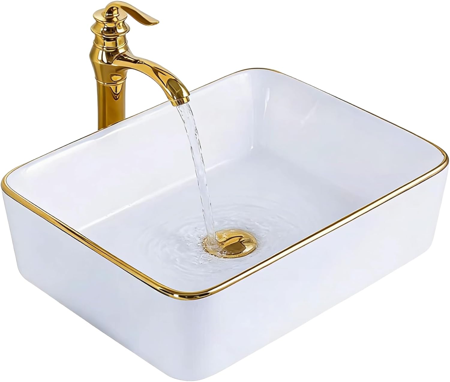 Vessel Sink Rectangular 16"x12" White Vessel Sink with Glod Rim Ceramic Porcelain Rectangle Bathroom Sink Above Counter Vanity Sink Basin