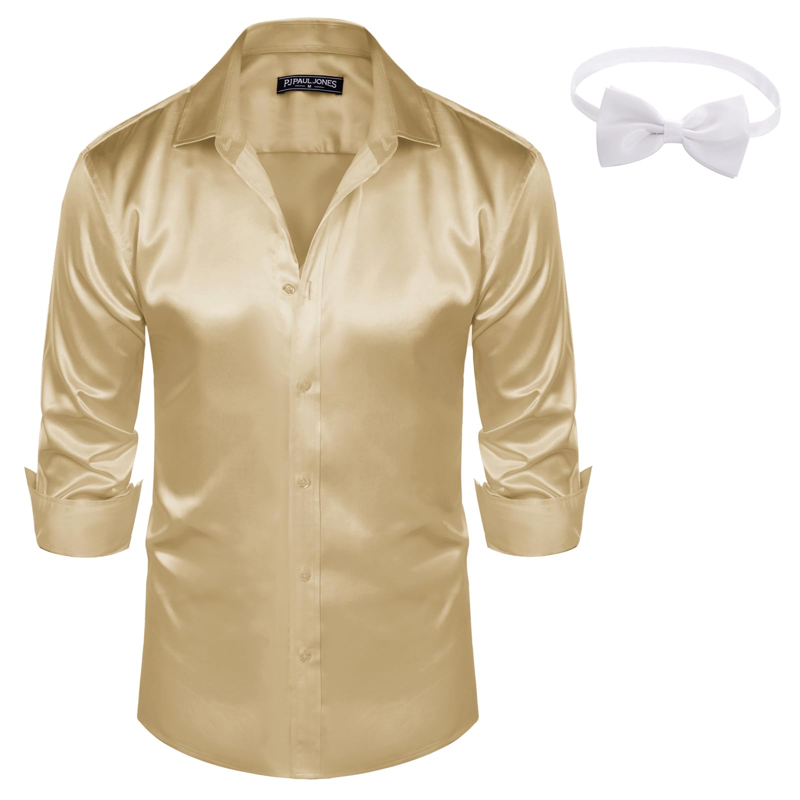 PaulJones Camisa de negocios para hombre, manga larga, sin planchado, satén, fiesta, boda, camisa con pajarita a juego | Camisas de esmoquin de seda para hombre, camisas de lujo con botones para boda, fiesta, discoteca, graduación, lentejuelas