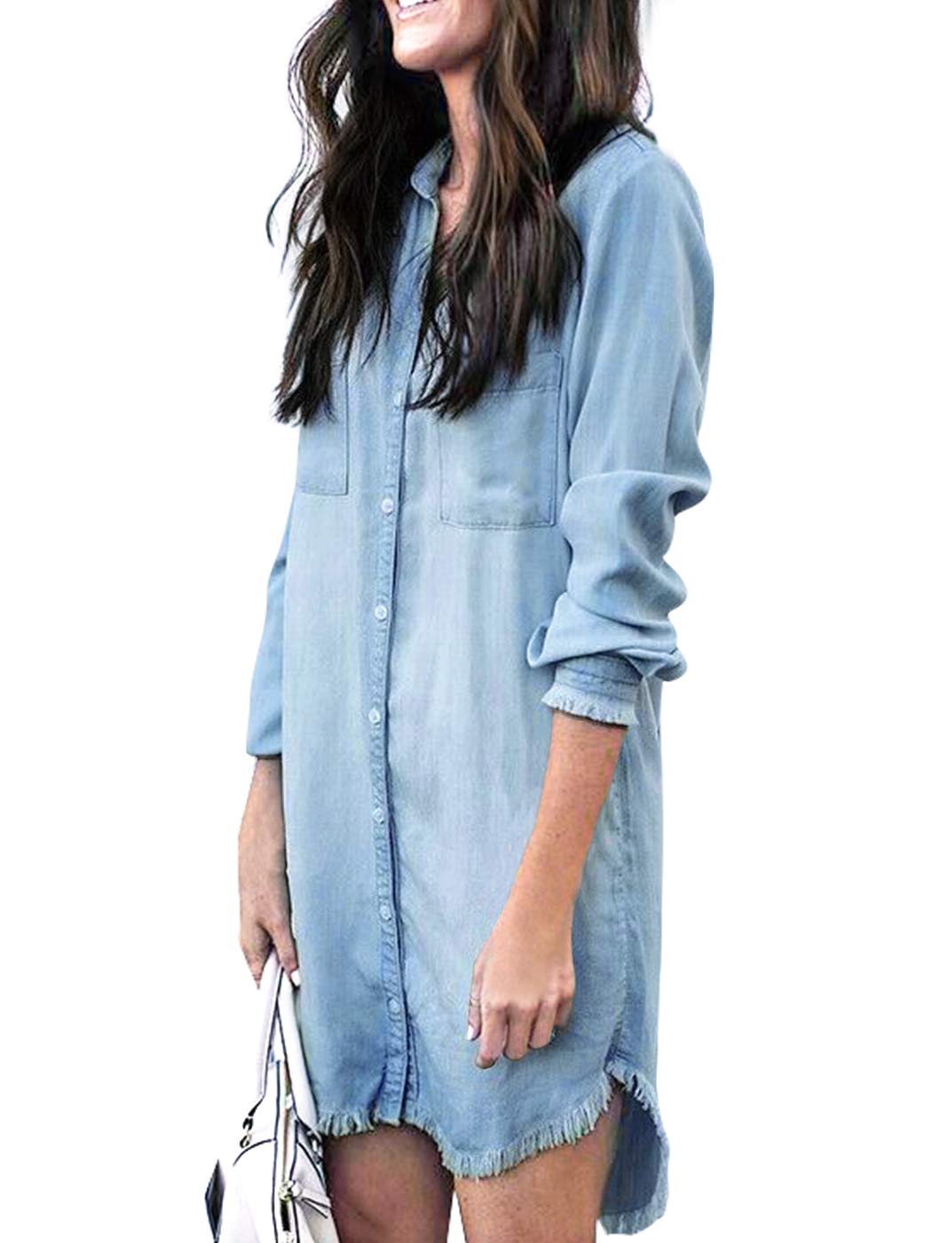 AmzBarleyWomens Button Down Shirts Tassel Long Sleeve Dresses Casual Denim Shirt Loose Fit Jean Dress with Pocket