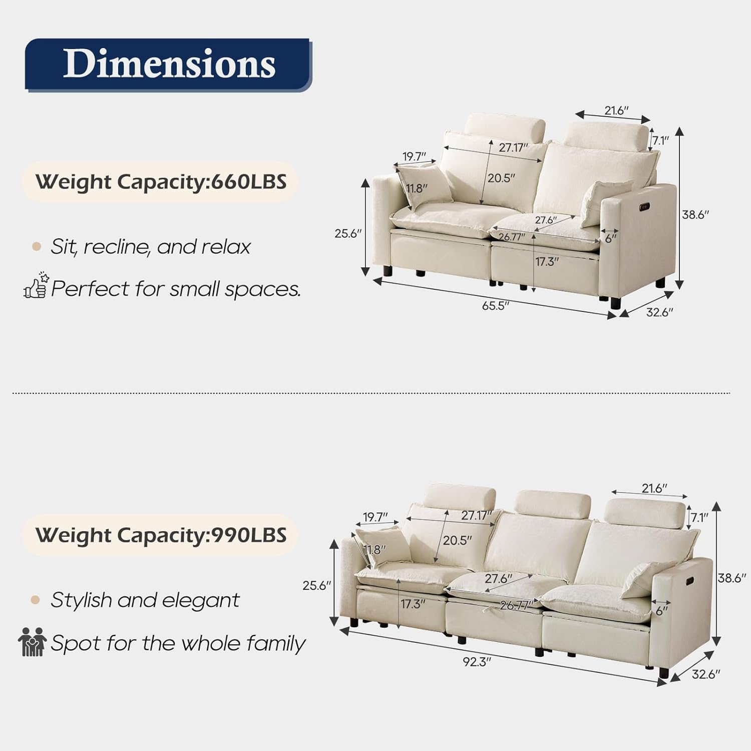 Comfy Cloud Couch – Chenille Electric Reclining Sofa with Adjustable Headrest, Modern Power Recliner with Middle Storage, Deep Seat Sofa with Throw Pillows for Living Room (Cream)