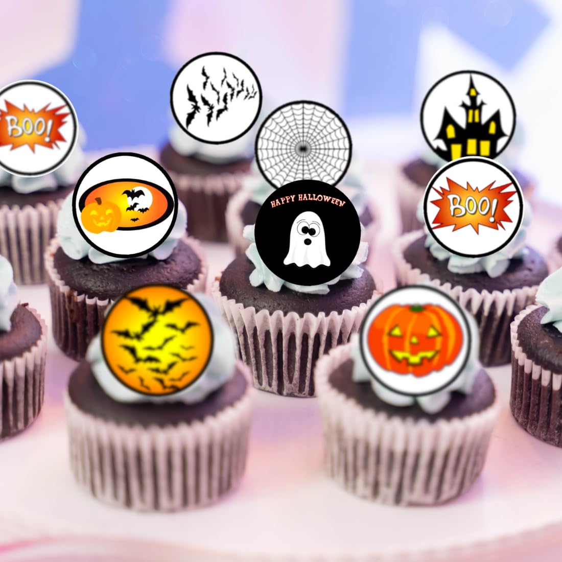 48 PRECUT Halloween Cupcake Toppers, Halloween Theme Mix #1 Edible Mini Discs - Premium Thickness SWEETENED VANILLA, Wafer Card Cake Decorations